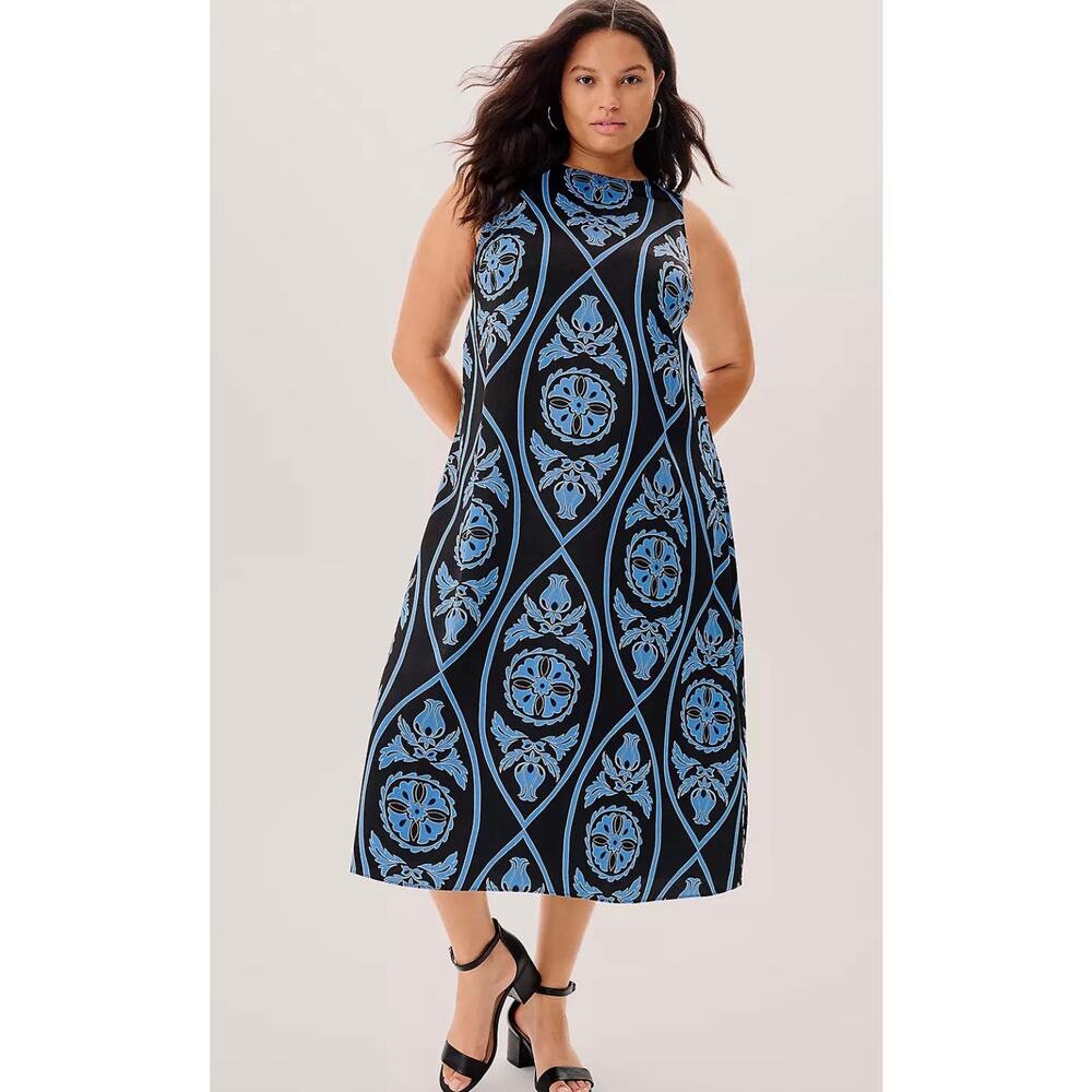 Lane Bryant NWT Satin Crew Neck Shift Midi Dress in Blue Medallion Size 22